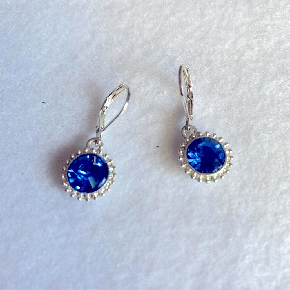 Monet Blue and Silver tone Dangle Rhinestone Earrings Lever back Pierced Round